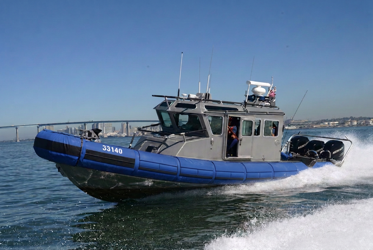 Ironwake 33-foot patrol and rescue boat 33140 underway at speed on open water