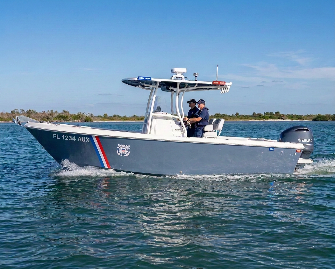 Ironwake center-console patrol vessel with red and blue racing stripe
